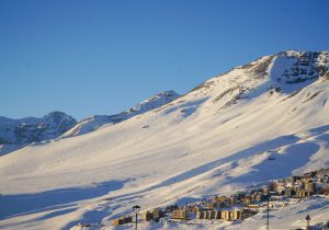 View of a ski resort in the middle of the snowy mountain. "La parva, Chile".